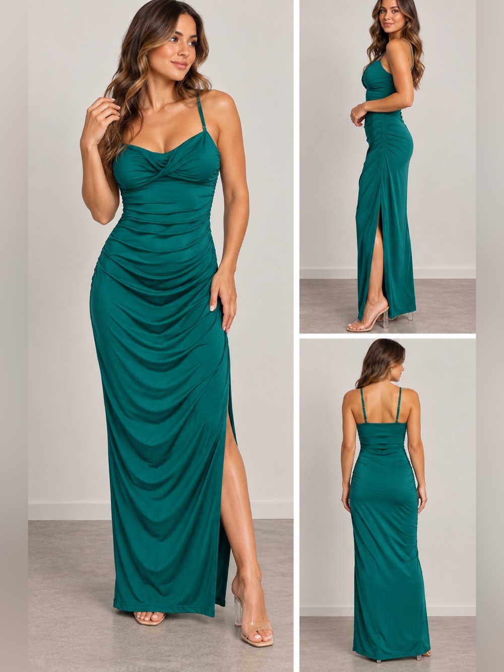 Ruched Teal Maxi Dress with Side Slit
